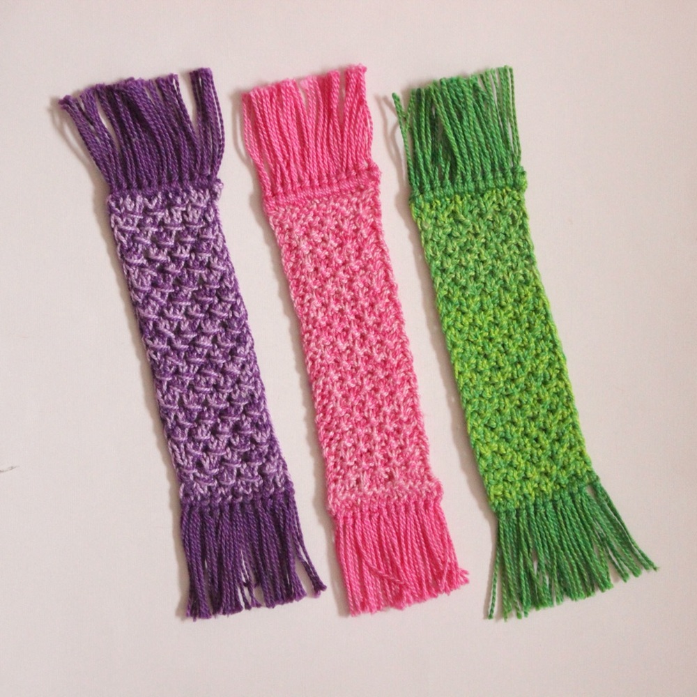 Set of Multicolor Neon Handmade Cotton Knit Bookmarks with Fringe
